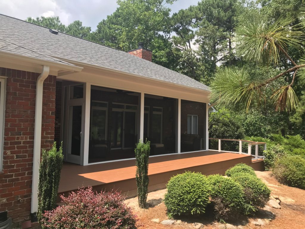 Large classic screened-in back porch idea in Raleigh by Masters Properties, Inc. | Outdoor Photos | Porch | Landscaping | Landscape Design | Outdoor Living Space | Porch Design Ideas | Outdoor Living Space Ideas | Backyard Design