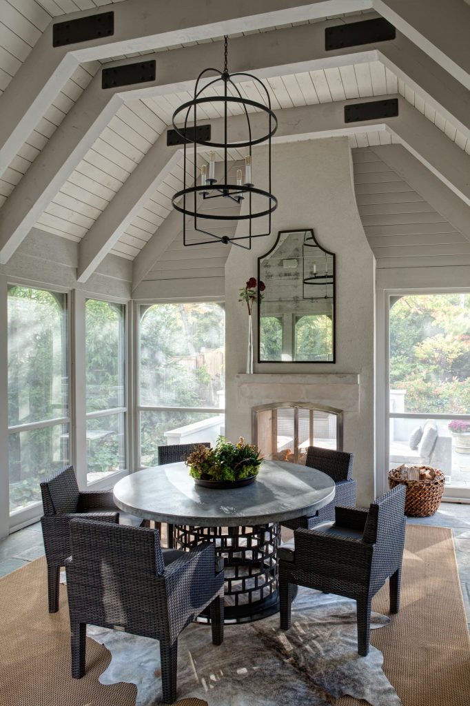 Large classic stamped concrete screened-in and wood railing back porch idea in Chicago with a roof extension by Fraerman Associates Architecture | Outdoor Photos | Porch | Landscaping | Landscape Design | Outdoor Living Space | Porch Design Ideas | Outdoor Living Space Ideas | Backyard Design