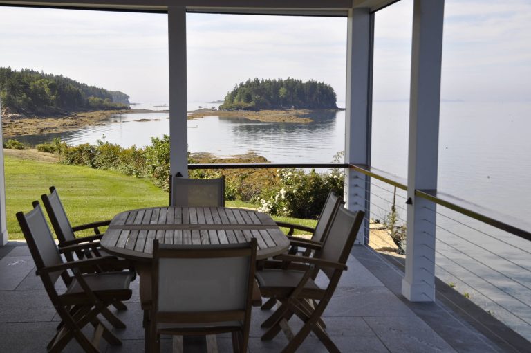 Large classic stone screened-in front porch idea in Portland Maine with a roof extension by Don Nichols Building Contractor, Inc. | Outdoor Photos | Porch | Landscaping | Landscape Design | Outdoor Living Space | Porch Design Ideas | Outdoor Living Space Ideas | Backyard Design