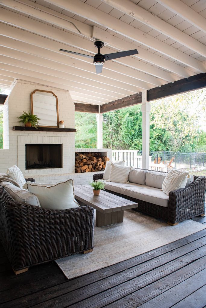Large country back porch idea in Nashville with a fireplace, decking and a roof extension by Peach and Pine Home | Outdoor Photos | Porch | Landscaping | Landscape Design | Outdoor Living Space | Porch Design Ideas | Outdoor Living Space Ideas | Backyard Design