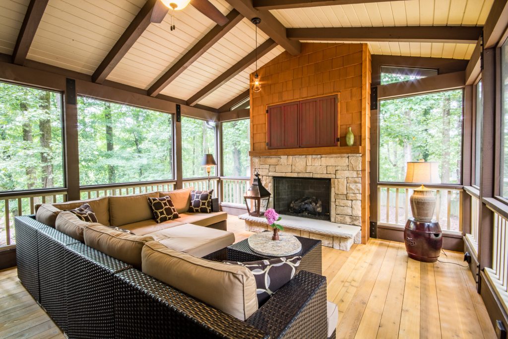 Large country screened-in back porch photo in Atlanta with a roof extension by All Square Contracting | Outdoor Photos | Porch | Landscaping | Landscape Design | Outdoor Living Space | Porch Design Ideas | Outdoor Living Space Ideas | Backyard Design