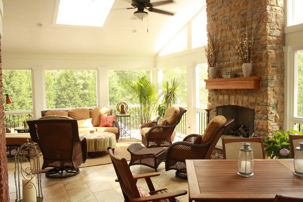 Large elegant concrete paver screened-in back porch photo in Louisville with a roof extension by Stonehenge Construction LLC | Outdoor Photos | Porch | Landscaping | Landscape Design | Outdoor Living Space | Porch Design Ideas | Outdoor Living Space Ideas | Backyard Design