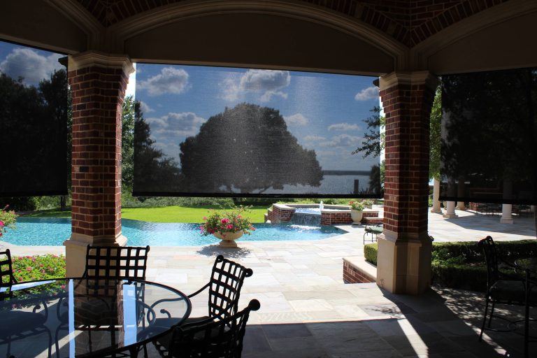 Large elegant tile screened-in back porch photo in Austin with a roof extension by Centex Carpet Schwartz Design Center | Outdoor Photos | Porch | Landscaping | Landscape Design | Outdoor Living Space | Porch Design Ideas | Outdoor Living Space Ideas | Backyard Design