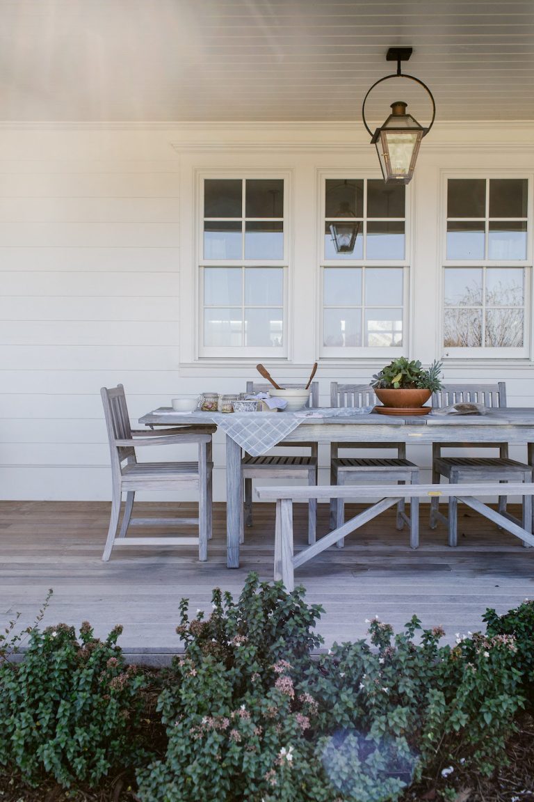 Large farmhouse front porch idea in Dallas with decking and a roof extension by Folkway Design & Wares Co. | Outdoor Photos | Porch | Landscaping | Landscape Design | Outdoor Living Space | Porch Design Ideas | Outdoor Living Space Ideas | Backyard Design