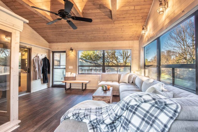 Large full-size windows accentuate calm horizontal lines in the place, while exposed collar ties help humanize the scale of the cathedral ceiling slope. by Degnan Design-Build-Remodel | Outdoor Photos | Porch | Landscaping | Landscape Design | Outdoor Living Space | Porch Design Ideas | Outdoor Living Space Ideas | Backyard Design