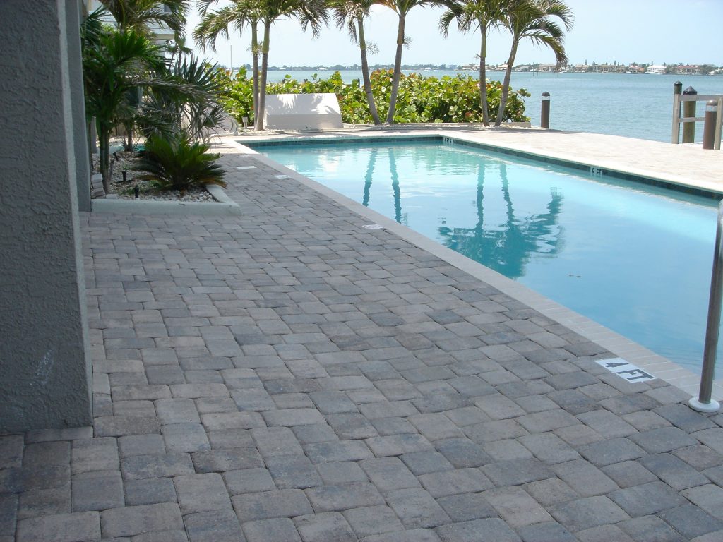 Large island style backyard rectangular pool photo in Tampa