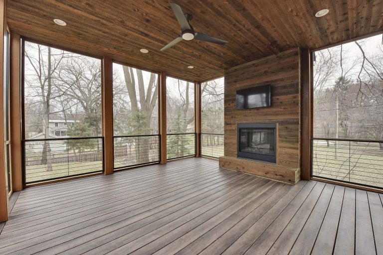 Large minimalist porch idea in Minneapolis with a fireplace by Sustainable Nine Design + Build | Outdoor Photos | Porch | Landscaping | Landscape Design | Outdoor Living Space | Porch Design Ideas | Outdoor Living Space Ideas | Backyard Design