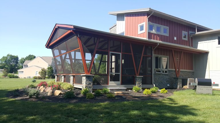 Large minimalist screened-in back porch photo in Philadelphia with a roof extension by Fearn-Clendaniel Architects Inc. | Outdoor Photos | Porch | Landscaping | Landscape Design | Outdoor Living Space | Porch Design Ideas | Outdoor Living Space Ideas | Backyard Design