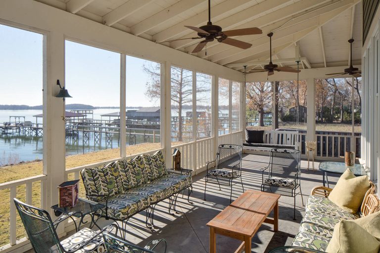 Large mountain style concrete screened-in back porch idea in Other with a roof extension by John Harrison Jones, AIA Architect | Outdoor Photos | Porch | Landscaping | Landscape Design | Outdoor Living Space | Porch Design Ideas | Outdoor Living Space Ideas | Backyard Design