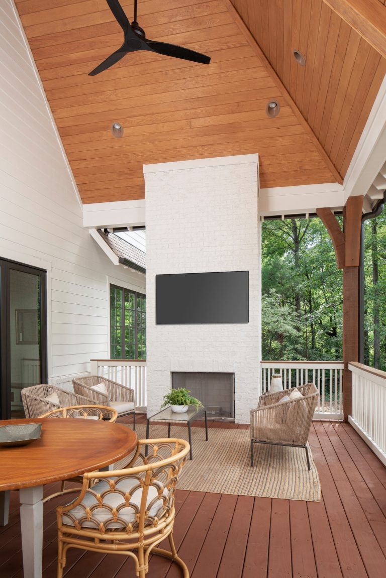 Large transitional back porch idea in Charlotte with a fireplace and a roof extension by Pike Properties | Outdoor Photos | Porch | Landscaping | Landscape Design | Outdoor Living Space | Porch Design Ideas | Outdoor Living Space Ideas | Backyard Design