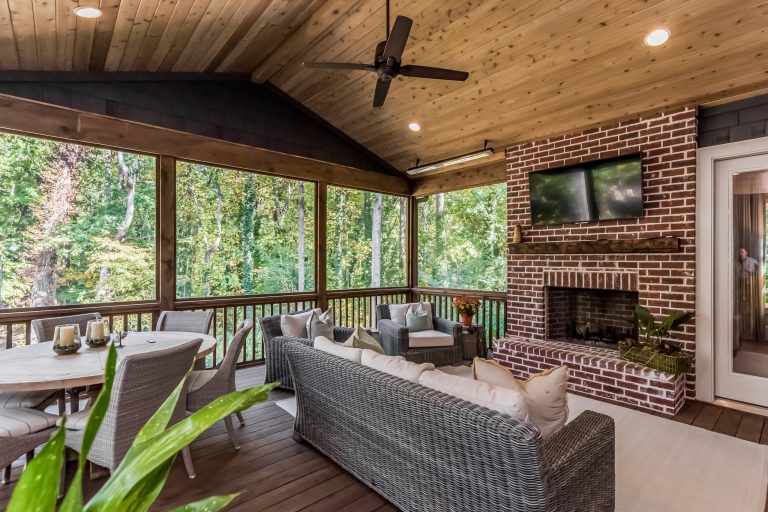 Large transitional screened-in back porch idea in Atlanta with decking and a roof extension by Hask Custom Homes | Outdoor Photos | Porch | Landscaping | Landscape Design | Outdoor Living Space | Porch Design Ideas | Outdoor Living Space Ideas | Backyard Design