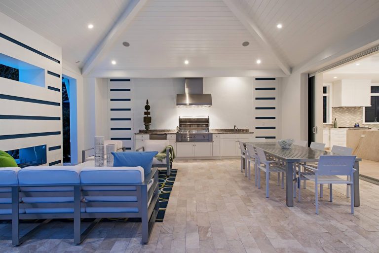 Large transitional tile patio kitchen photo in Miami with a roof extension