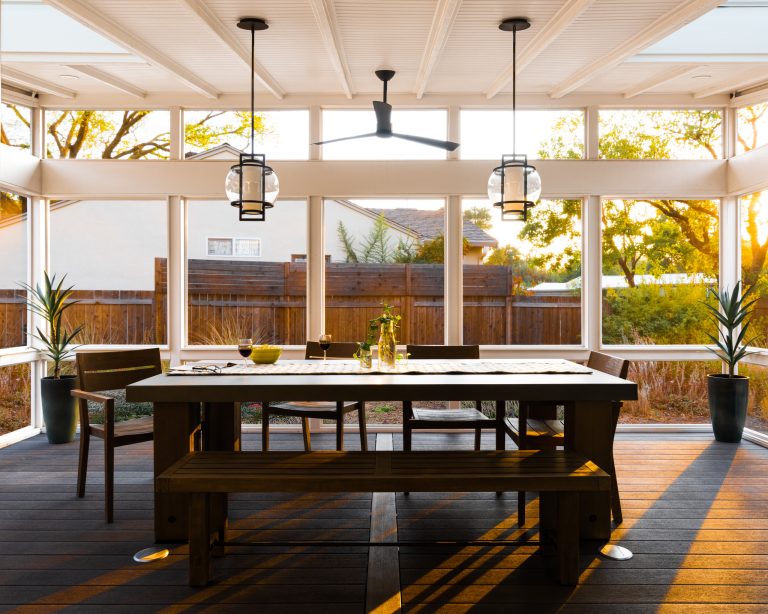 Large trendy screened-in back porch idea in Sacramento with decking and a roof extension by MAK Design + Build Inc. | Outdoor Photos | Porch | Landscaping | Landscape Design | Outdoor Living Space | Porch Design Ideas | Outdoor Living Space Ideas | Backyard Design