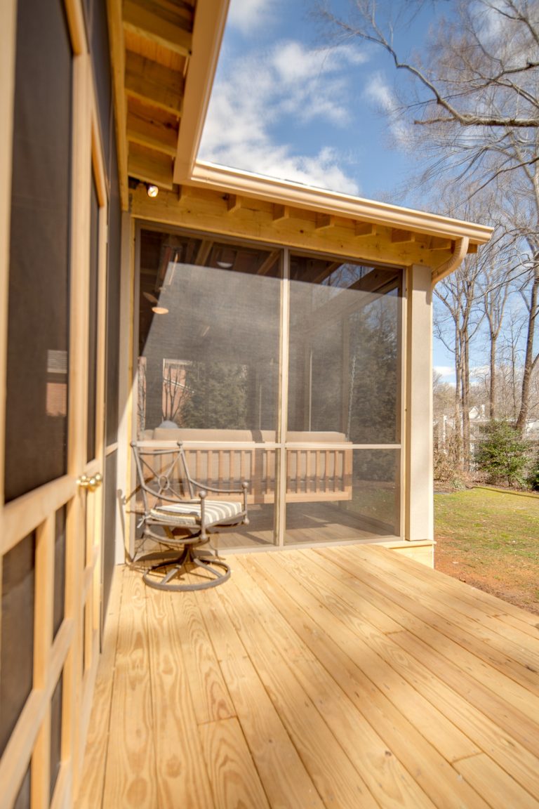 Large trendy screened-in back porch photo in DC Metro with decking and a roof extension by JEFFCO Development | Outdoor Photos | Porch | Landscaping | Landscape Design | Outdoor Living Space | Porch Design Ideas | Outdoor Living Space Ideas | Backyard Design