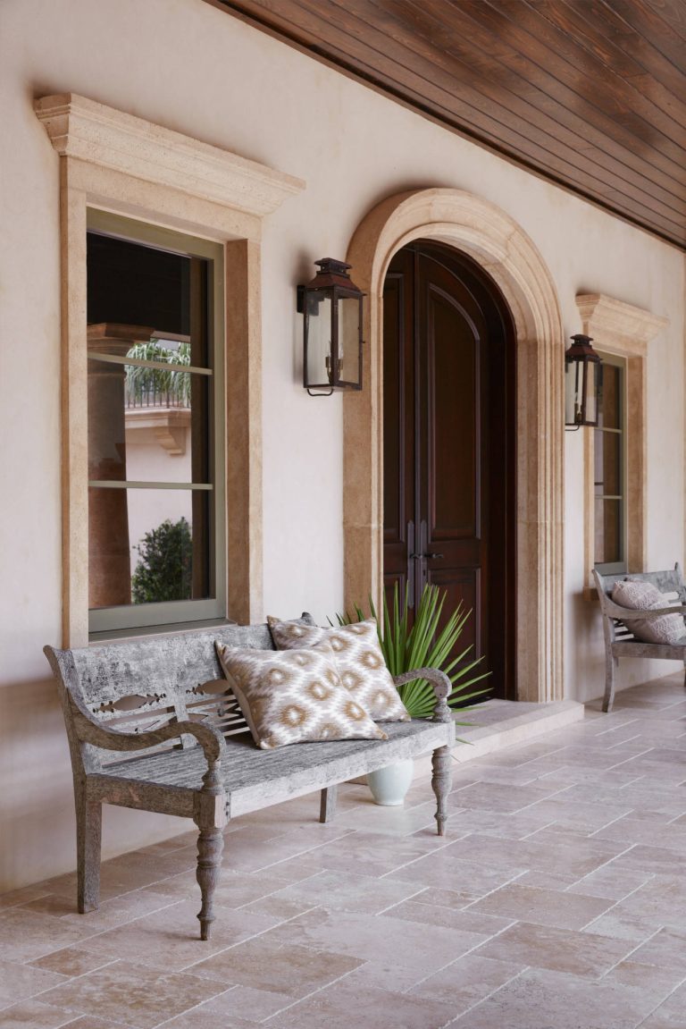 Large tuscan tile front porch photo in Jacksonville with a roof extension by Aurora Builders | Outdoor Photos | Porch | Landscaping | Landscape Design | Outdoor Living Space | Porch Design Ideas | Outdoor Living Space Ideas | Backyard Design