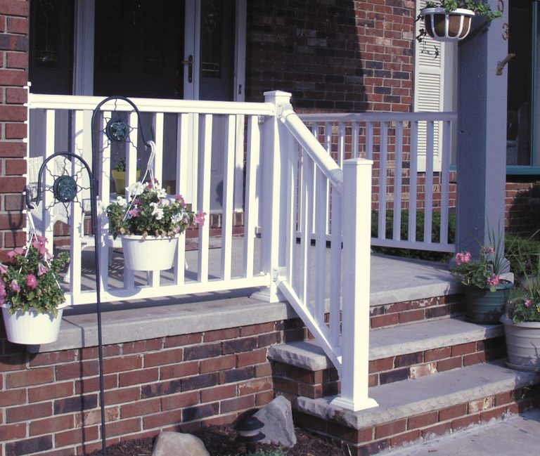 Low maintenance white vinyl porch and stair railing with square balusters. Veranda railing built by Barrette and manufactured exclusively for The Home Depot. by User | Outdoor Photos | Porch | Landscaping | Landscape Design | Outdoor Living Space | Porch Design Ideas | Outdoor Living Space Ideas | Backyard Design