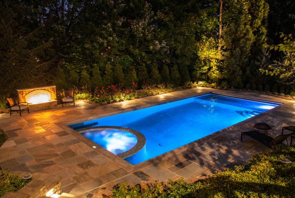 Luxury Inground Swimming Pool & Glass Tile Spa Design & Installation- Bergen County NJ