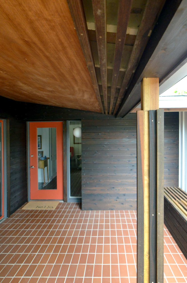 Mid-Century renovation of a Ralph Fournier 1953 ranch house in suburban St. Louis. View of renovated entry area.
