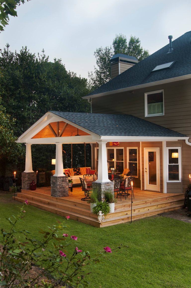 Mid-sized arts and crafts back porch idea in Atlanta with decking and a roof extension by Outback Deck, Inc. | Outdoor Photos | Porch | Landscaping | Landscape Design | Outdoor Living Space | Porch Design Ideas | Outdoor Living Space Ideas | Backyard Design