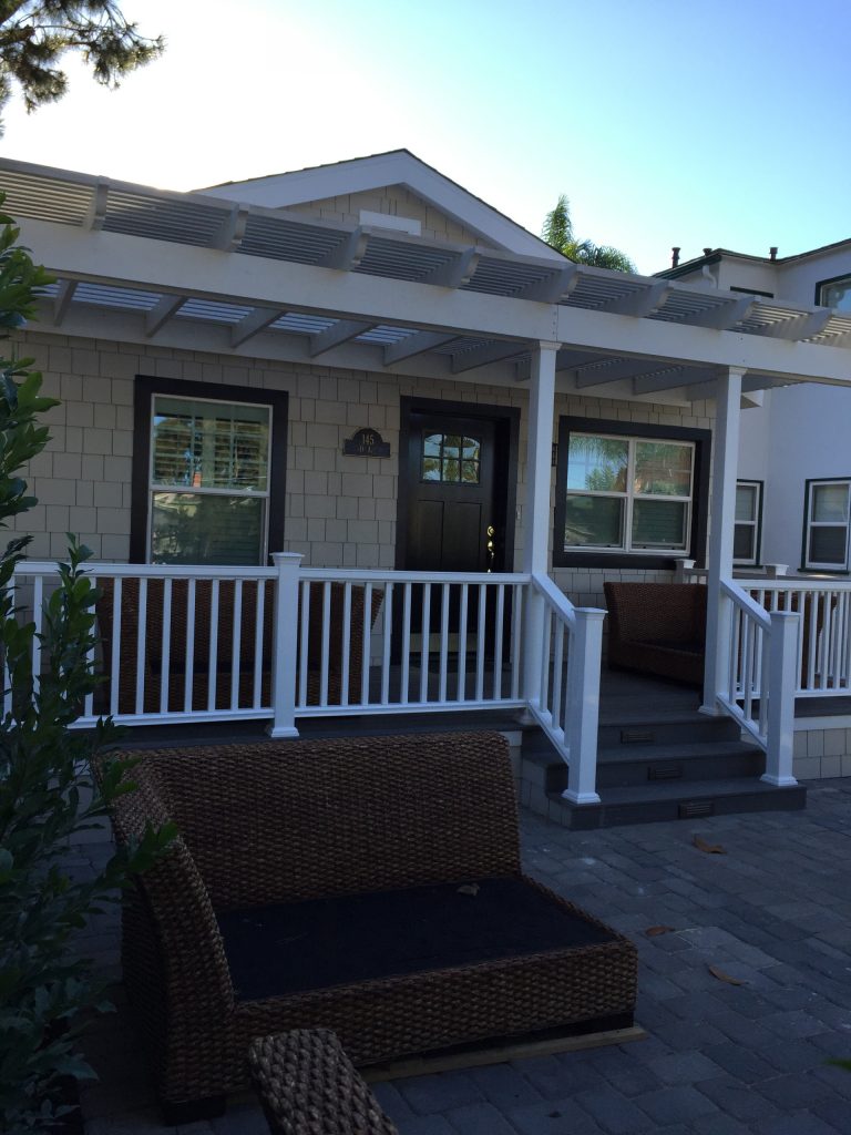 Mid-sized arts and crafts concrete paver front porch idea in San Diego with a pergola by Crown Building Group | Outdoor Photos | Porch | Landscaping | Landscape Design | Outdoor Living Space | Porch Design Ideas | Outdoor Living Space Ideas | Backyard Design