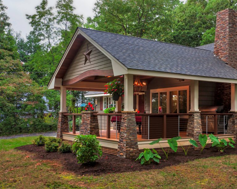 Mid-sized arts and crafts front porch idea in Other with decking and a roof extension by Decks by Kiefer LLC | Outdoor Photos | Porch | Landscaping | Landscape Design | Outdoor Living Space | Porch Design Ideas | Outdoor Living Space Ideas | Backyard Design