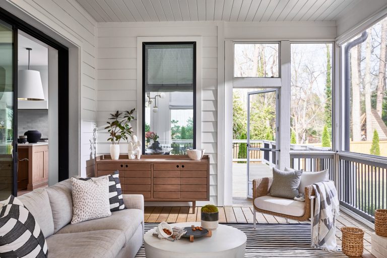 Mid-sized country screened-in and mixed material railing back porch idea in Atlanta with a roof extension by Elle Du Monde LLC | Outdoor Photos | Porch | Landscaping | Landscape Design | Outdoor Living Space | Porch Design Ideas | Outdoor Living Space Ideas | Backyard Design