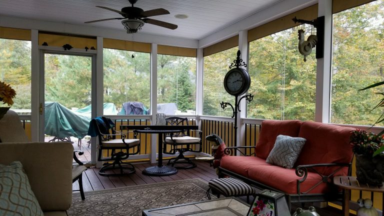 Mid-sized country screened-in back porch idea in Baltimore with decking and a roof extension by Porch Enclosure Systems | Outdoor Photos | Porch | Landscaping | Landscape Design | Outdoor Living Space | Porch Design Ideas | Outdoor Living Space Ideas | Backyard Design