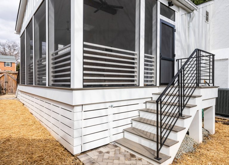 Mid-sized country screened-in back porch photo in DC Metro with decking and a roof extension by Koncept Design + Build | Outdoor Photos | Porch | Landscaping | Landscape Design | Outdoor Living Space | Porch Design Ideas | Outdoor Living Space Ideas | Backyard Design