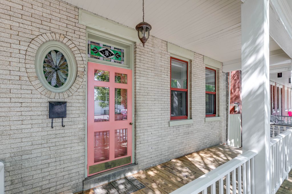 Mid-sized eclectic front porch photo in Wilmington with decking and a roof extension by Piperbear Designs | Outdoor Photos | Porch | Landscaping | Landscape Design | Outdoor Living Space | Porch Design Ideas | Outdoor Living Space Ideas | Backyard Design