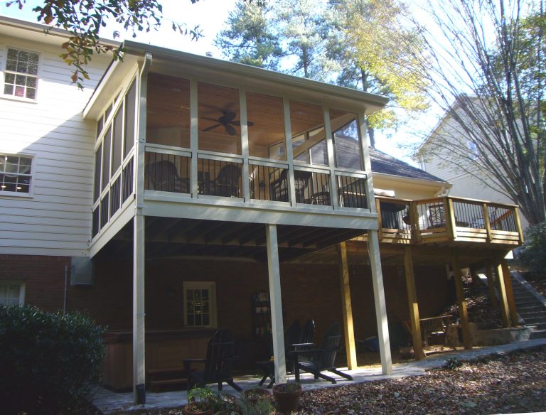 Mid-sized elegant screened-in back porch photo in Atlanta with a roof extension by Synergy Outdoor | Outdoor Photos | Porch | Landscaping | Landscape Design | Outdoor Living Space | Porch Design Ideas | Outdoor Living Space Ideas | Backyard Design