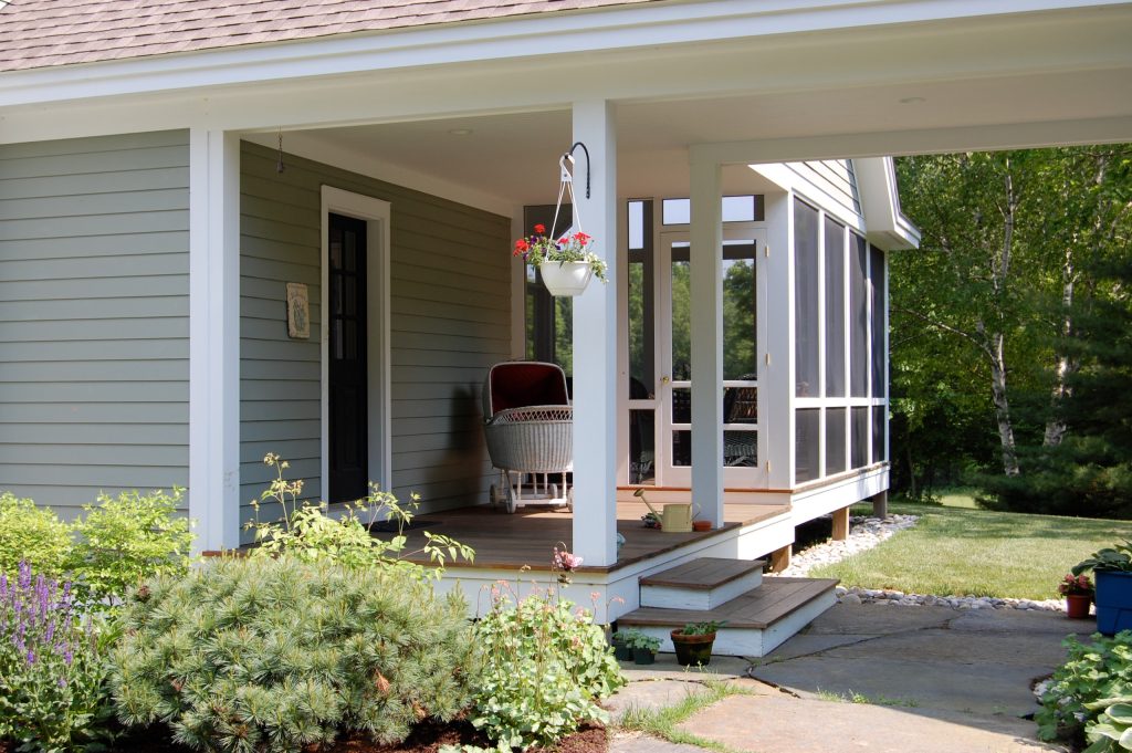 Mid-sized elegant screened-in side porch photo in Boston with decking and a roof extension by Green River Design | Outdoor Photos | Porch | Landscaping | Landscape Design | Outdoor Living Space | Porch Design Ideas | Outdoor Living Space Ideas | Backyard Design