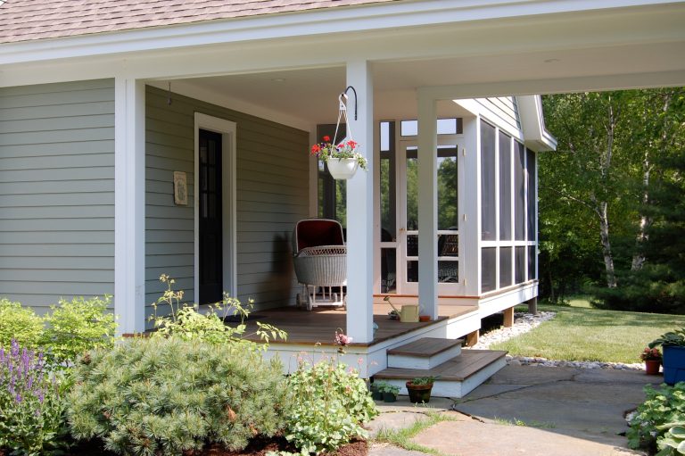 Mid-sized elegant screened-in side porch photo in Boston with decking and a roof extension by Green River Design | Outdoor Photos | Porch | Landscaping | Landscape Design | Outdoor Living Space | Porch Design Ideas | Outdoor Living Space Ideas | Backyard Design