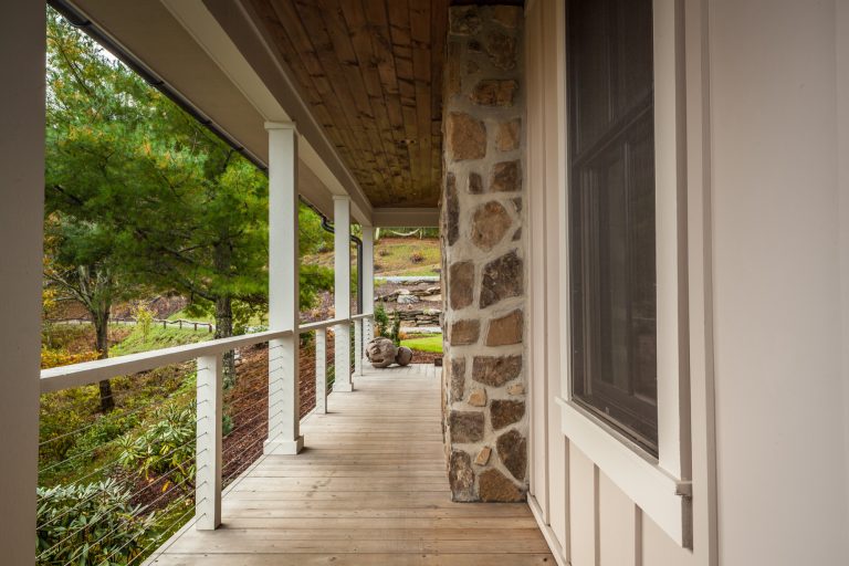 Mid-sized farmhouse front porch photo in Other with decking and a roof extension by 4 Forty Four | Outdoor Photos | Porch | Landscaping | Landscape Design | Outdoor Living Space | Porch Design Ideas | Outdoor Living Space Ideas | Backyard Design