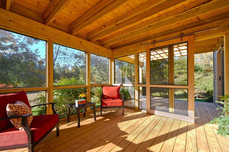 Mid-sized minimalist screened-in side porch idea in Burlington by Rudy Polwin Architects | Outdoor Photos | Porch | Landscaping | Landscape Design | Outdoor Living Space | Porch Design Ideas | Outdoor Living Space Ideas | Backyard Design