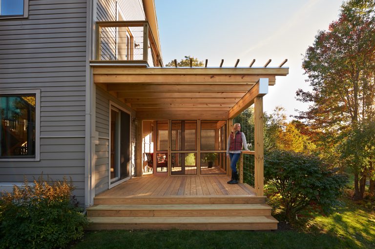 Mid-sized minimalist screened-in side porch idea in Burlington with a pergola by Rudy Polwin Architects | Outdoor Photos | Porch | Landscaping | Landscape Design | Outdoor Living Space | Porch Design Ideas | Outdoor Living Space Ideas | Backyard Design