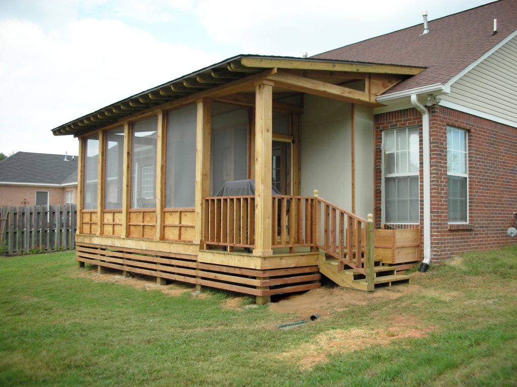 Mid-sized mountain style screened-in back porch photo in Other with decking and a roof extension by ILLUS Visual & Design Arts | Outdoor Photos | Porch | Landscaping | Landscape Design | Outdoor Living Space | Porch Design Ideas | Outdoor Living Space Ideas | Backyard Design