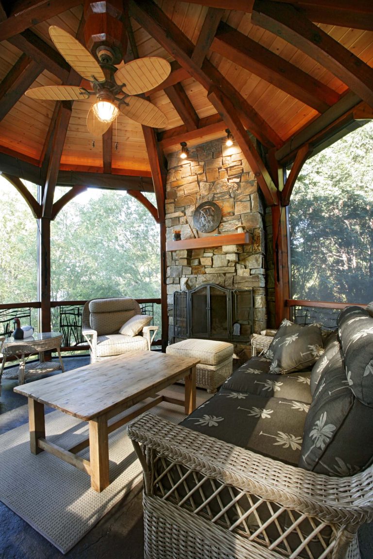 Mid-sized mountain style stamped concrete screened-in back porch idea in Other with a roof extension by Bouril Design Studio, LLC | Outdoor Photos | Porch | Landscaping | Landscape Design | Outdoor Living Space | Porch Design Ideas | Outdoor Living Space Ideas | Backyard Design