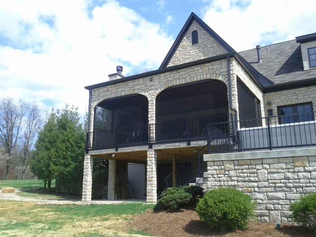 Mid-sized ornate screened-in back porch idea in Louisville with decking and a roof extension by Screens of Kentucky, LLC | Outdoor Photos | Porch | Landscaping | Landscape Design | Outdoor Living Space | Porch Design Ideas | Outdoor Living Space Ideas | Backyard Design