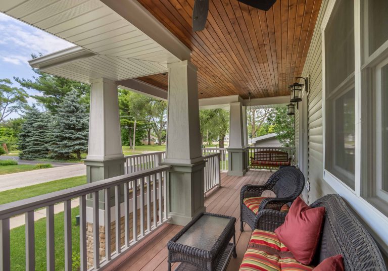 Mid-sized stone wood railing porch idea in Chicago with a roof extension by 12/12 Architects & Planners | Outdoor Photos | Porch | Landscaping | Landscape Design | Outdoor Living Space | Porch Design Ideas | Outdoor Living Space Ideas | Backyard Design