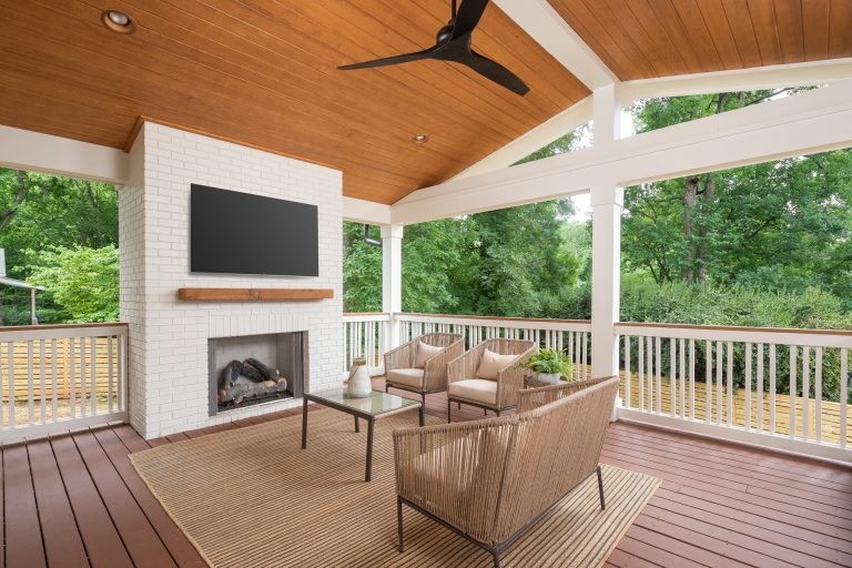 Mid-sized transitional back porch idea in Charlotte with a fireplace and a roof extension by Pike Properties | Outdoor Photos | Porch | Landscaping | Landscape Design | Outdoor Living Space | Porch Design Ideas | Outdoor Living Space Ideas | Backyard Design