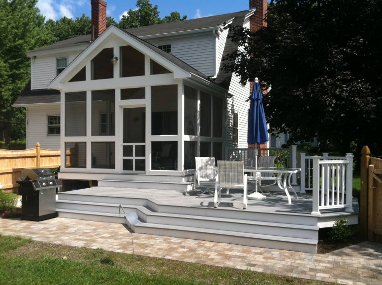 Mid-sized transitional back porch photo in Boston by Lenzi Construction & Remodeling LLC | Outdoor Photos | Porch | Landscaping | Landscape Design | Outdoor Living Space | Porch Design Ideas | Outdoor Living Space Ideas | Backyard Design