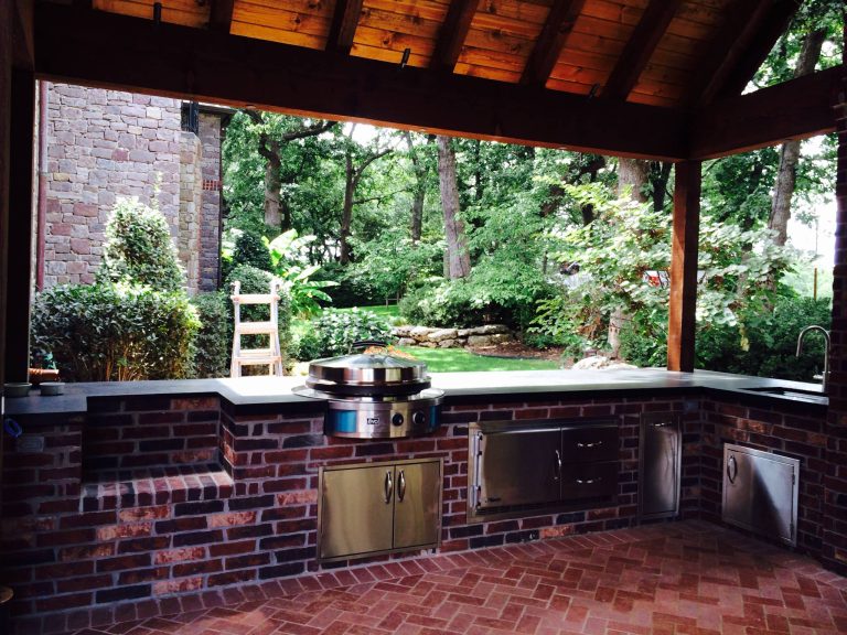 Mid-sized transitional backyard brick patio kitchen photo in Other with a roof extension by Jack Wills Patio & Fireplace | Outdoor Photos | Porch | Landscaping | Landscape Design | Outdoor Living Space | Porch Design Ideas | Outdoor Living Space Ideas | Backyard Design