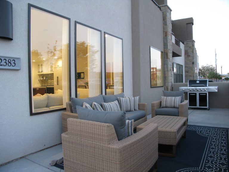 Mid-sized transitional concrete porch idea in Las Vegas with an awning by AB Design | Outdoor Photos | Porch | Landscaping | Landscape Design | Outdoor Living Space | Porch Design Ideas | Outdoor Living Space Ideas | Backyard Design