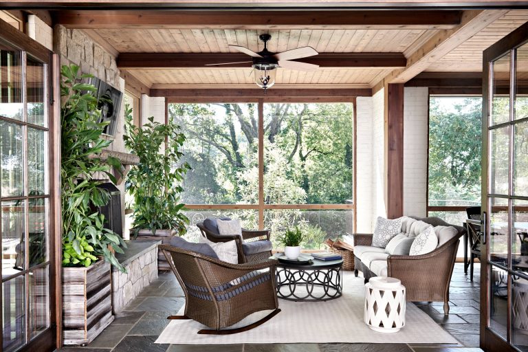 Mid-sized transitional stone screened-in back porch idea in Nashville with a roof extension by Looney Ricks Kiss | Outdoor Photos | Porch | Landscaping | Landscape Design | Outdoor Living Space | Porch Design Ideas | Outdoor Living Space Ideas | Backyard Design