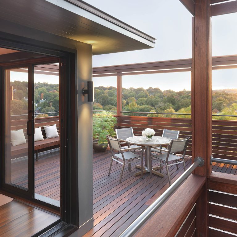 Modern mahogany deck. On the rooftop, a perimeter trellis frames the sky and distant view, neatly defining an open living space while maintaining intimacy.

Photo by: Nat Rea Photography by Flavin Architects | Outdoor Photos | Deck | Landscaping | Landscape Design | Outdoor Living Space | Deck Design Ideas | Outdoor Living Space Ideas