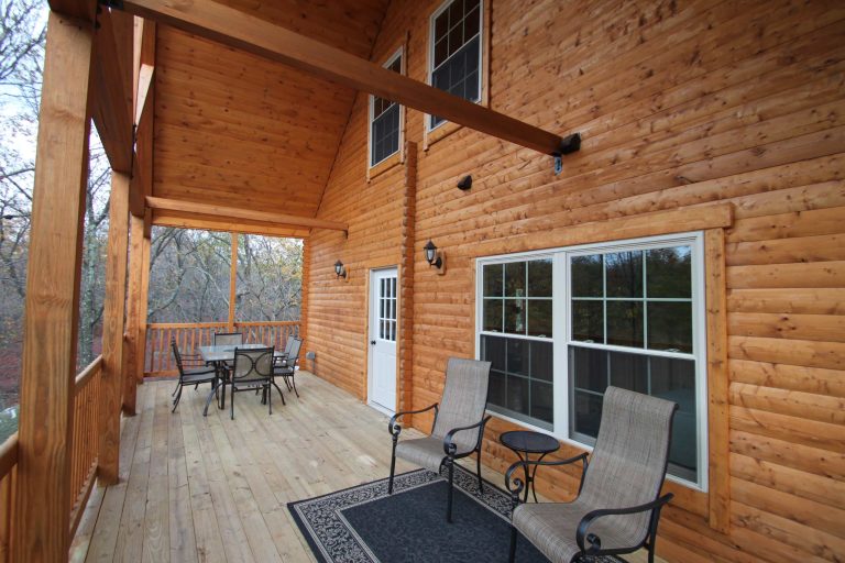 Mountain style back porch idea in Philadelphia with decking and a roof extension by Conestoga Log Cabins | Outdoor Photos | Porch | Landscaping | Landscape Design | Outdoor Living Space | Porch Design Ideas | Outdoor Living Space Ideas | Backyard Design