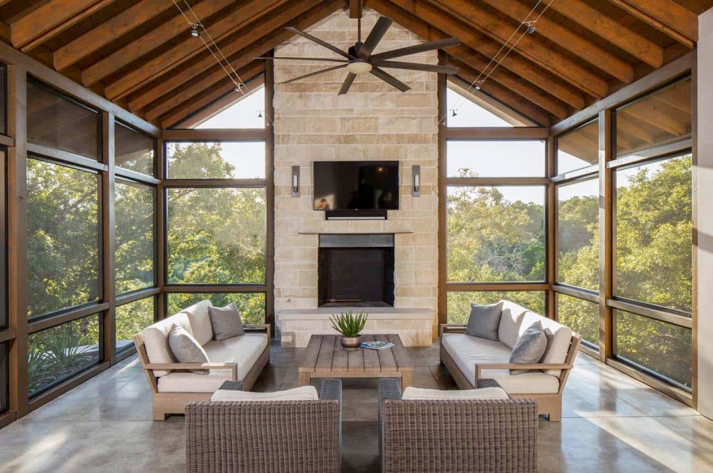 Mountain style concrete screened-in porch idea in Nashville with a roof extension by Rose Quality Exteriors | Outdoor Photos | Porch | Landscaping | Landscape Design | Outdoor Living Space | Porch Design Ideas | Outdoor Living Space Ideas | Backyard Design