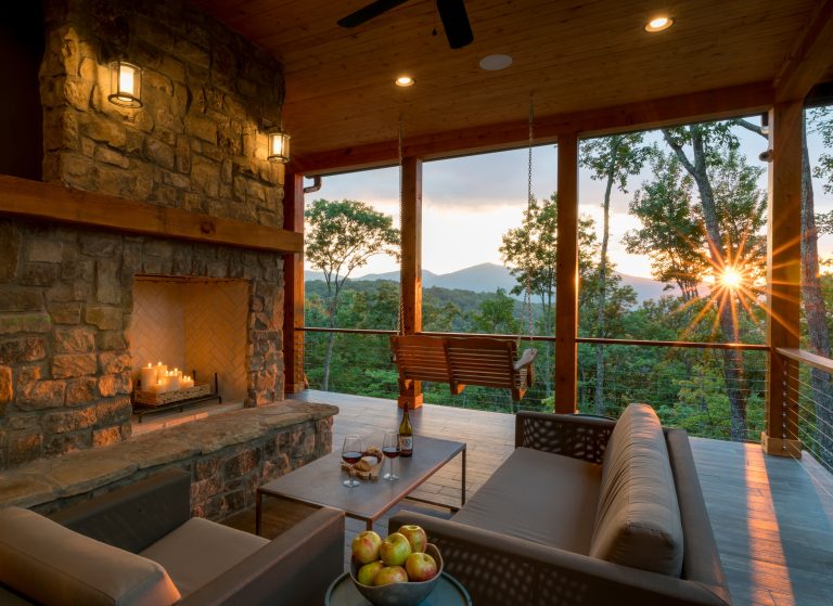 Mountain style porch idea in Other with a fireplace and a roof extension by Brock Builders Inc. | Outdoor Photos | Porch | Landscaping | Landscape Design | Outdoor Living Space | Porch Design Ideas | Outdoor Living Space Ideas | Backyard Design