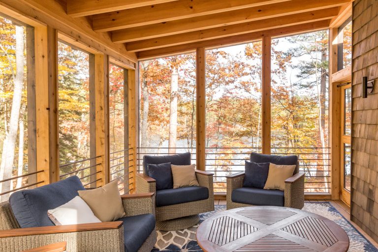 Mountain style screened-in porch photo in Portland Maine with decking and a roof extension by Maine Passive House | Outdoor Photos | Porch | Landscaping | Landscape Design | Outdoor Living Space | Porch Design Ideas | Outdoor Living Space Ideas | Backyard Design