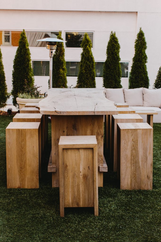 Natural Edge Bar Height Outdoor Dining Table + Stools Materials: White Oak